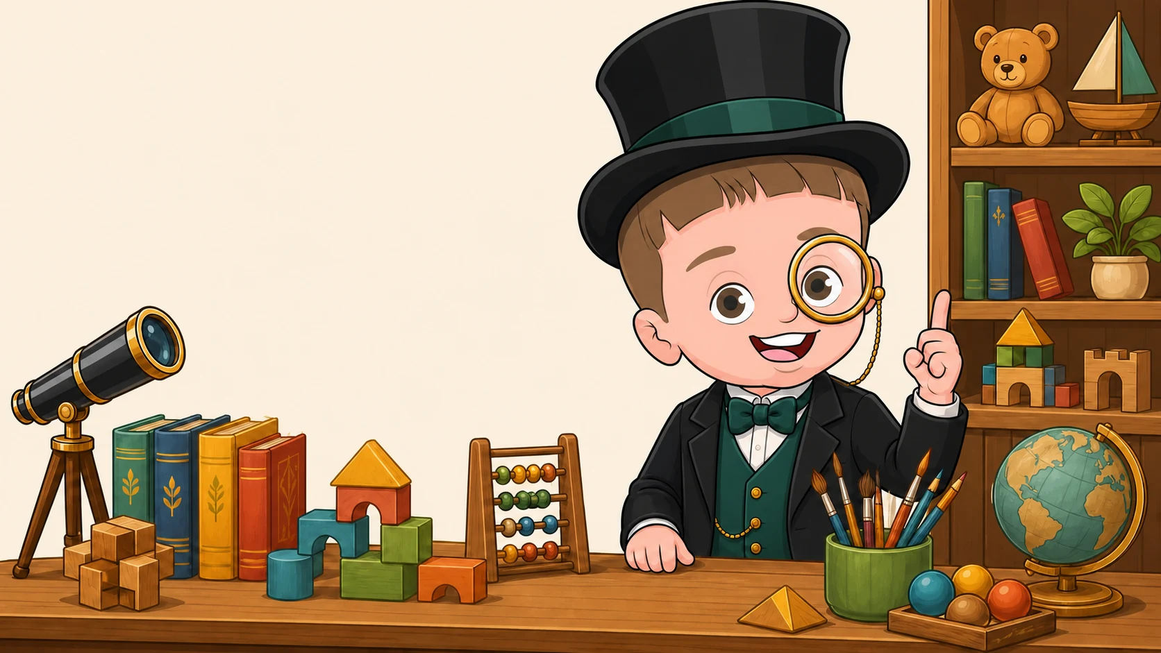 Wuzzlesworth in a top hat and gold monocle, surrounded by books, building toys, art supplies, a telescope, and a globe